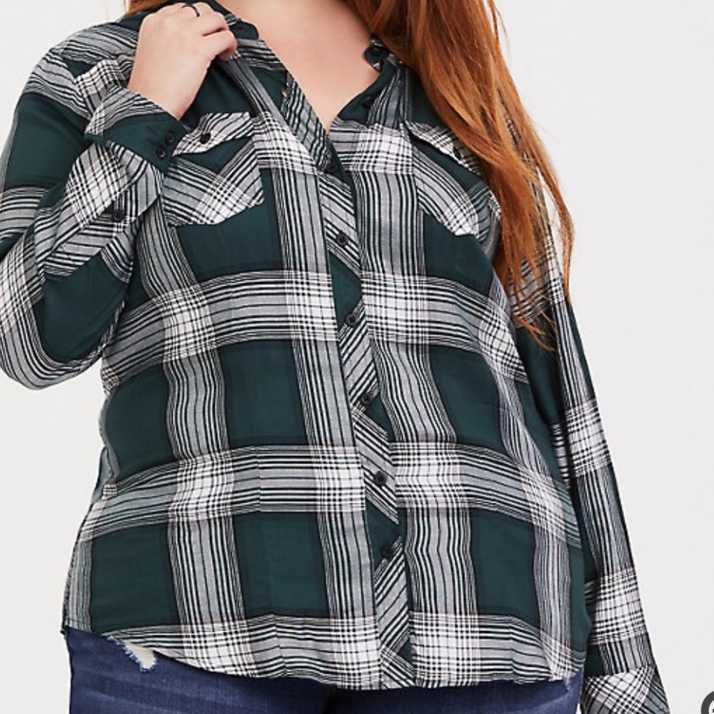 Torrid GREEN PLAID TWILL BUTTON FRONT SLIM FIT